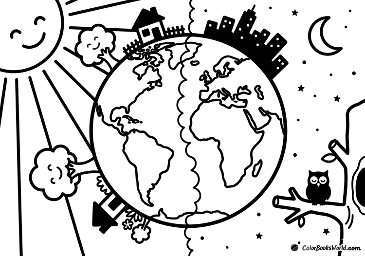 Earth globe showing day and night, with a smiling sun on the left and a crescent moon with stars on the right.