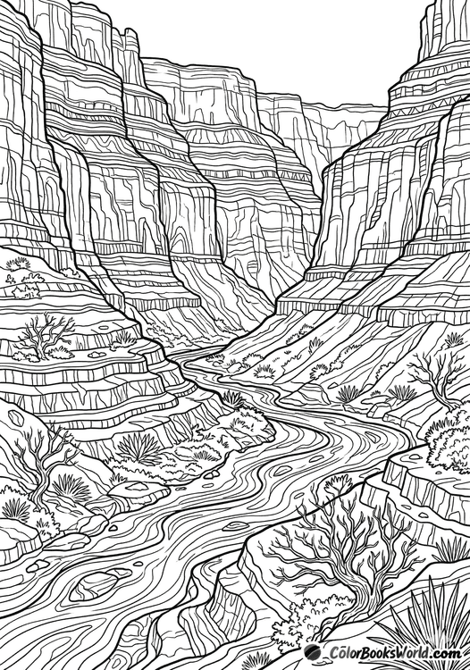 Line art of a deep canyon with layered rock walls and a winding river below.