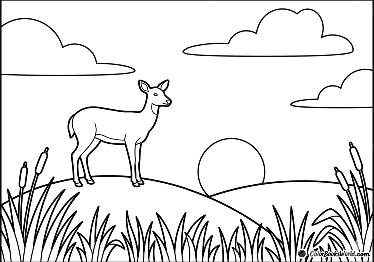 A deer stands on a hilltop with a large setting sun, stylized clouds, and tall grass.
