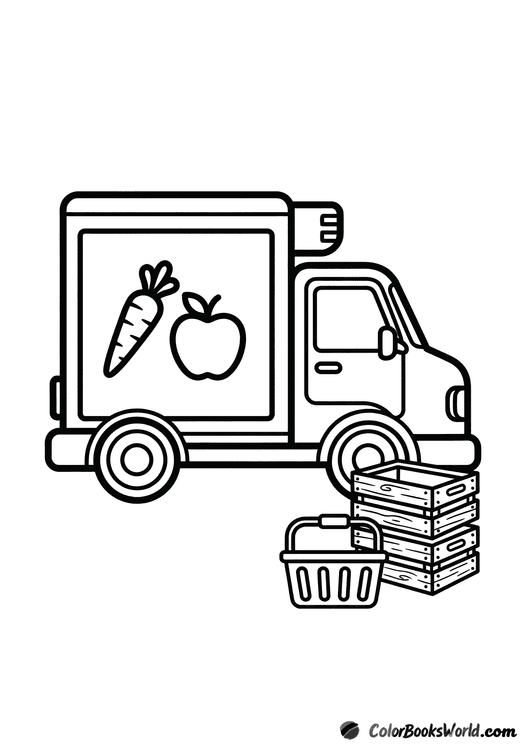 Cartoon delivery truck with vegetable icons, stacked wooden crates, and a small produce basket.