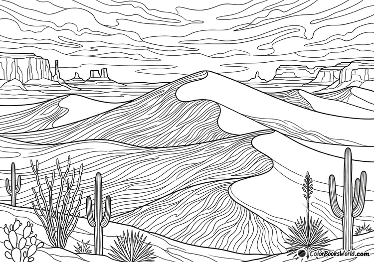 Line art of rolling desert sand dunes with cacti in the foreground and mesas in the distance.