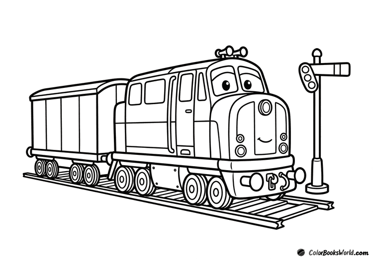 A cartoon diesel locomotive pulls a single freight wagon past a railway signal.