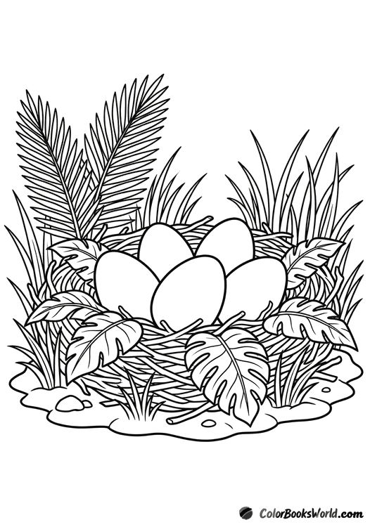 Simple drawing of a dinosaur nest with four large eggs, surrounded by grass and leaves.