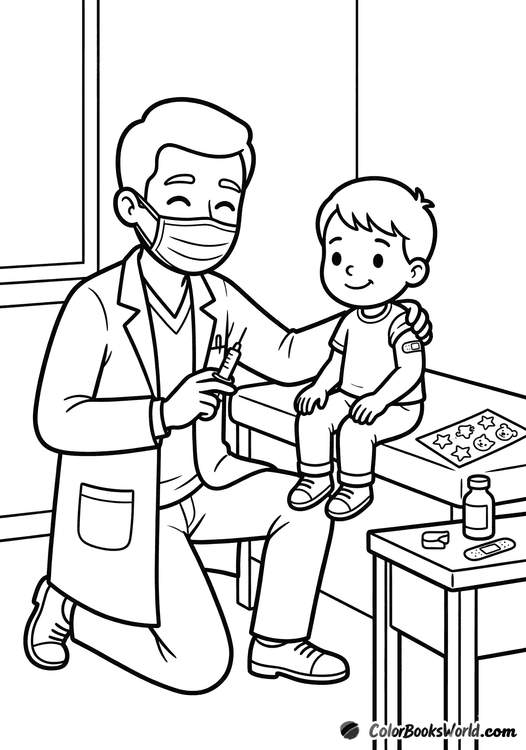 A doctor in a mask comforting a smiling boy sitting on an exam table during a vaccination visit.