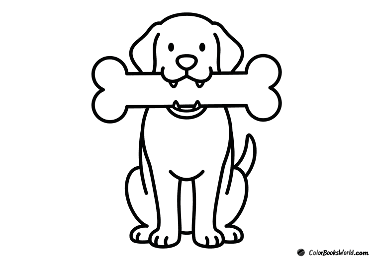 Front view of a happy dog holding a large cartoon bone in its mouth.