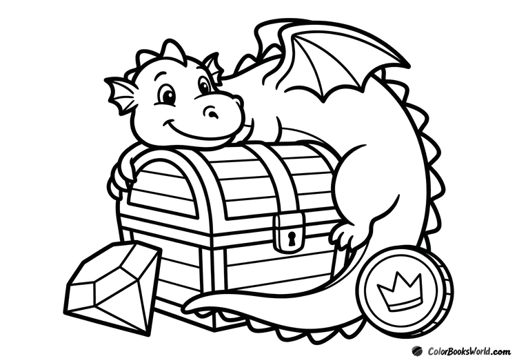 A friendly dragon curled around a closed treasure chest with a large gem and a coin.