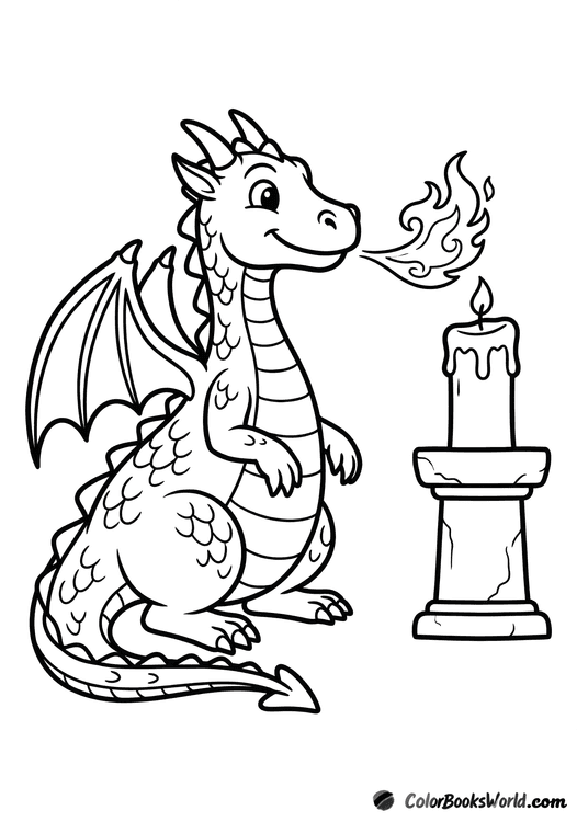 A friendly dragon breathes a small flame to light a large candle on a stone pedestal.