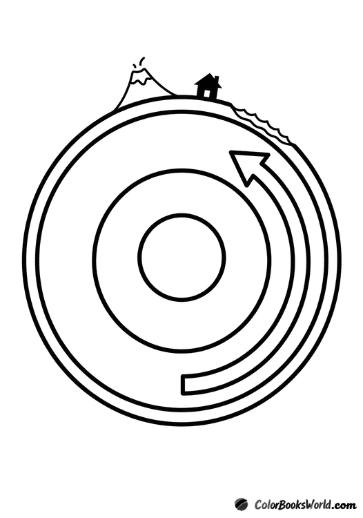 Earth cross-section showing inner and outer core, mantle with convection arrow, and crust with a volcano.