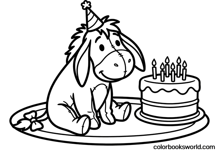 Eeyore in a party hat sits beside a layered birthday cake with lit candles.