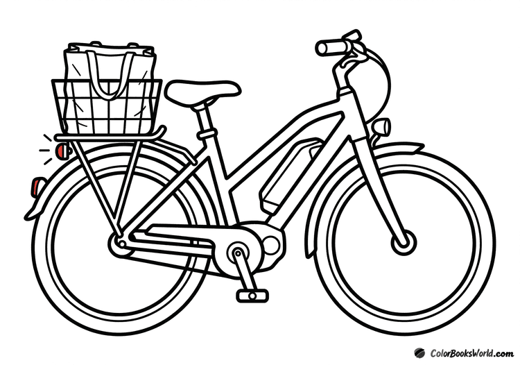 Cartoon electric bike with a visible battery and motor, plus a rear basket holding a grocery bag.
