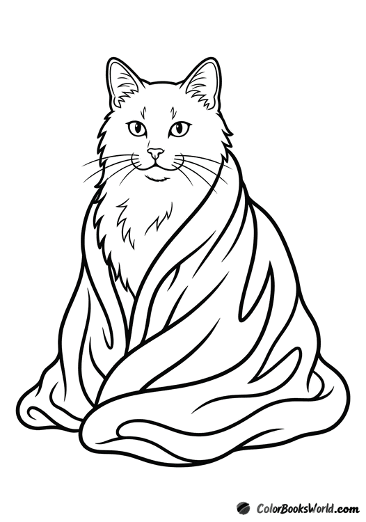 An elegant cat sits comfortably, wrapped in a thick cozy blanket with large folds.
