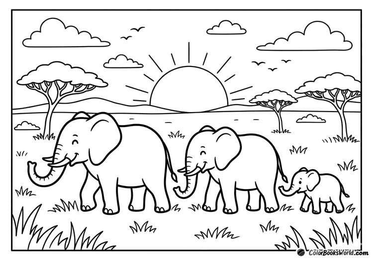 Three elephants walk in a line across the savanna, with acacia trees and a rising sun.