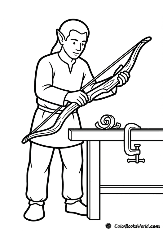A friendly cartoon elf shapes a wooden bow at a simple workbench with wood shavings.