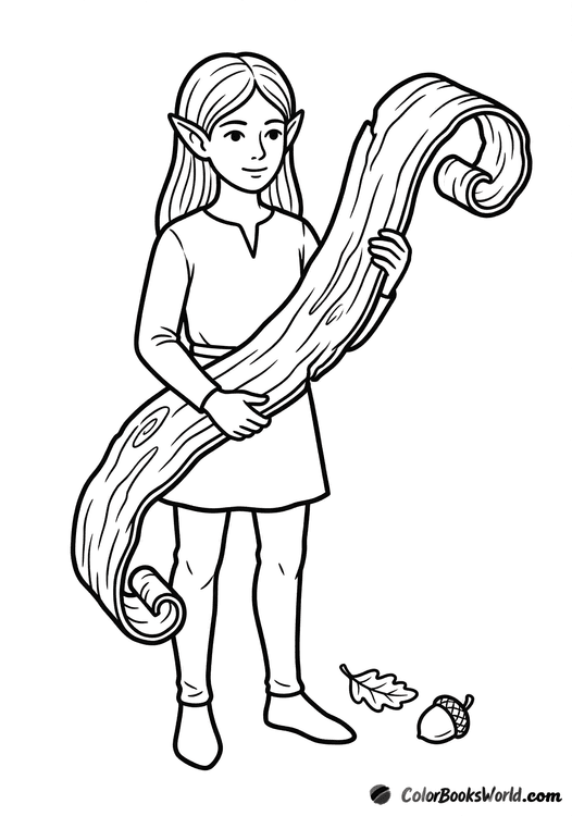 Cute cartoon elf holding a curled strip of bark, with an acorn and leaf nearby.