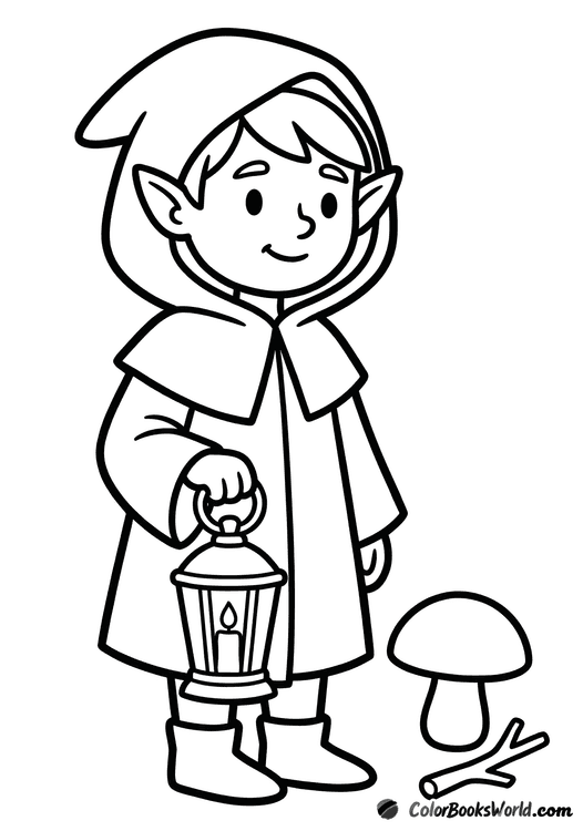 A cute cartoon elf holds a lantern at hip height beside a small mushroom.