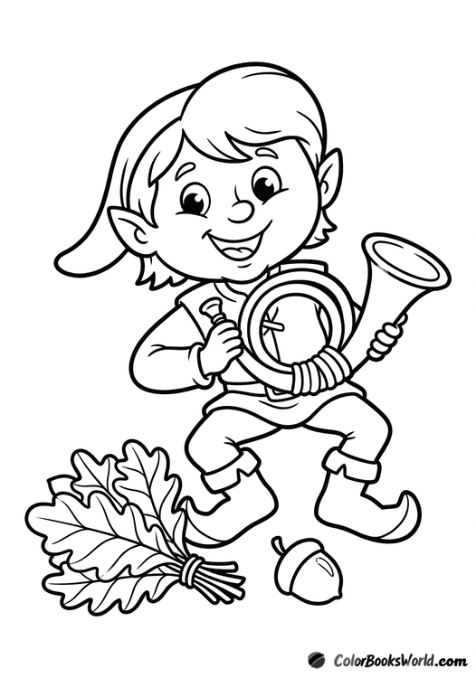 Cute cartoon forest elf crouching with a hunting horn, a bundle of leaves, and an acorn.
