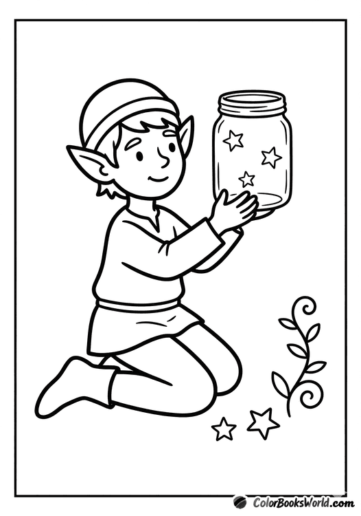 A friendly cartoon elf kneels and holds a jar filled with star outlines beside a vine.