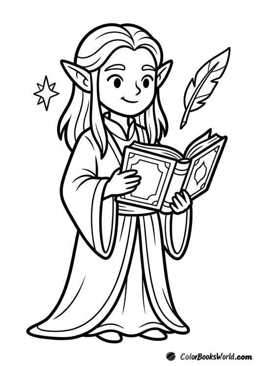 Cute elf scholar holding an open book, with a quill and a star rune nearby.