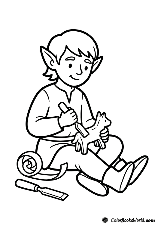 A cute cartoon elf sits carving a small wooden figurine with a chisel, with wood shavings nearby.