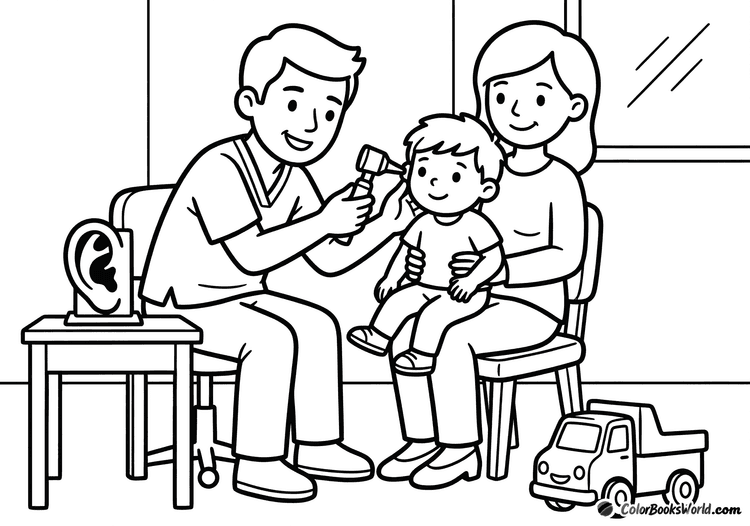 An ENT doctor using an otoscope to examine a boy's ear while he sits on his mother's lap.