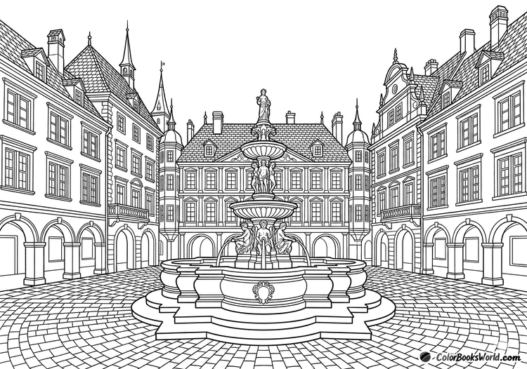 A classic European city square with a large central fountain surrounded by historic buildings and arcades.