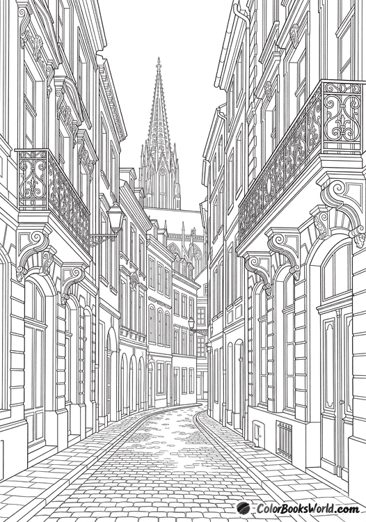 A narrow cobblestone street lined with historic buildings and ornate balconies leading to a tall cathedral spire.