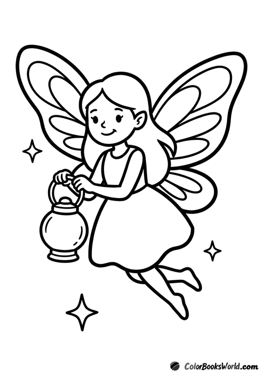 A cute fairy hovers in the air holding a glowing round lantern, with small stars around her.