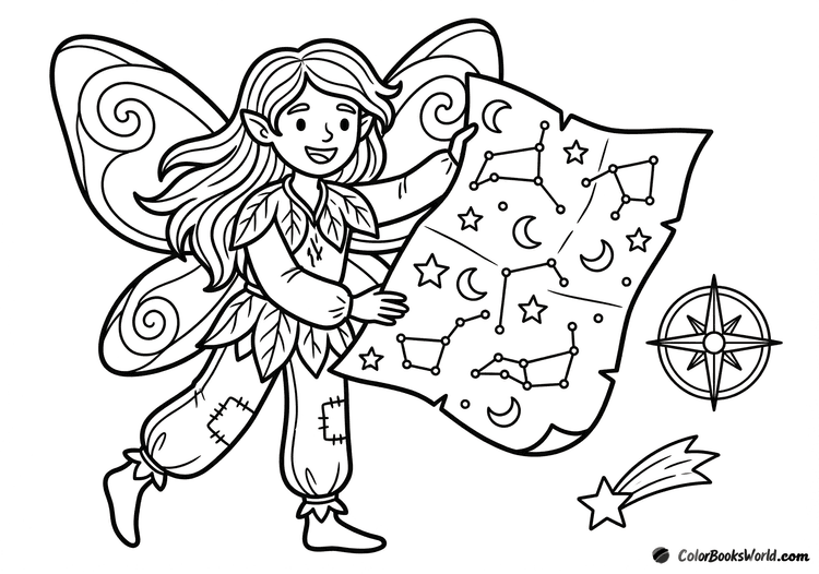 A fairy holds an unfolded star map with a compass rose, with a shooting star behind her.