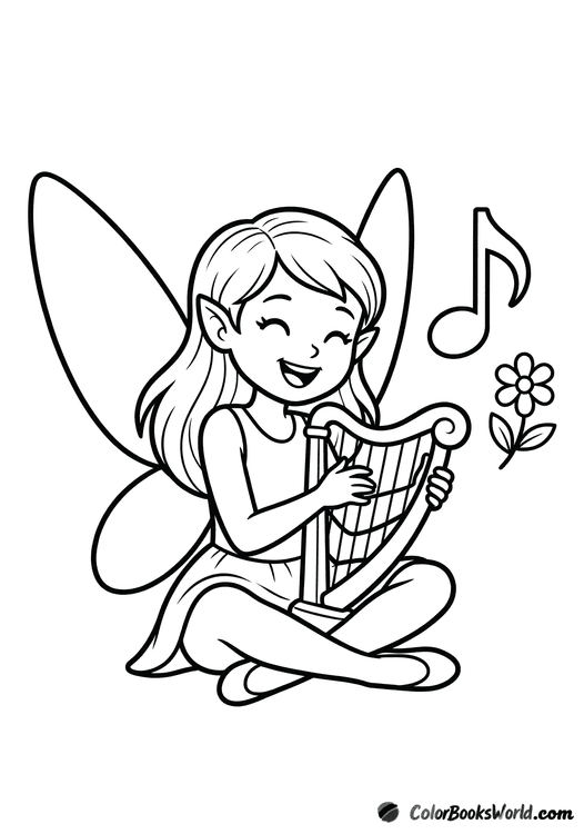 A cute fairy sits cross-legged and plays a small harp, with musical notes nearby.