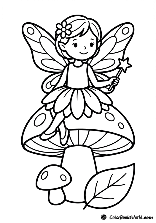 A cute fairy holding a magic wand sits on a large mushroom in the forest.