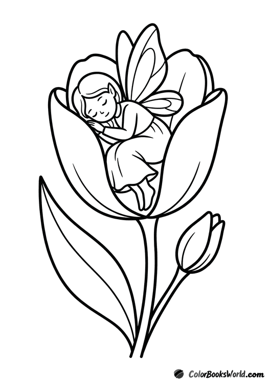 A cute fairy curled up, sleeping peacefully inside a large flower cup.