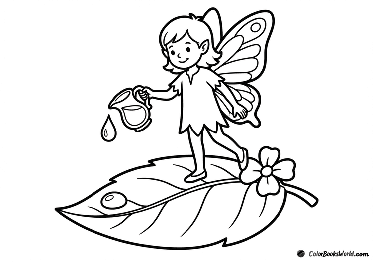 A cute fairy balances on a large leaf while holding a small pitcher of dewdrops.