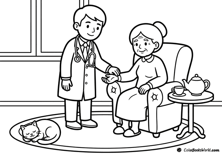 A family doctor checking the pulse of an elderly woman sitting in an armchair during a home visit.
