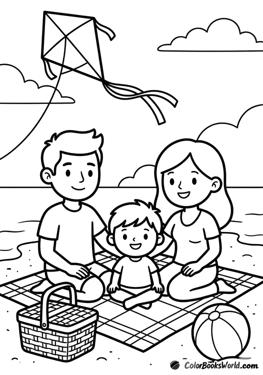 A family picnics on a blanket on the beach with a picnic basket, beach ball, and a kite in the sky.