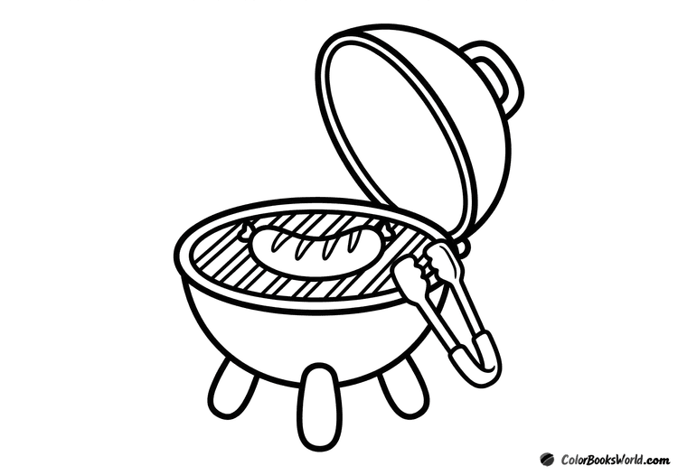 Round barbecue grill with the lid open, one sausage on the grate, and tongs on the side.
