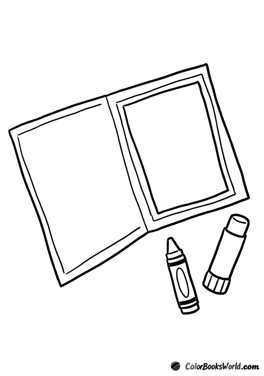An open blank card with a crayon and a glue stick placed beside it.