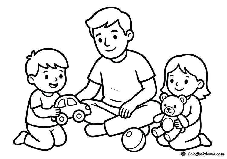 A father sits playing with his son and daughter, with a toy car, teddy bear, and ball nearby.