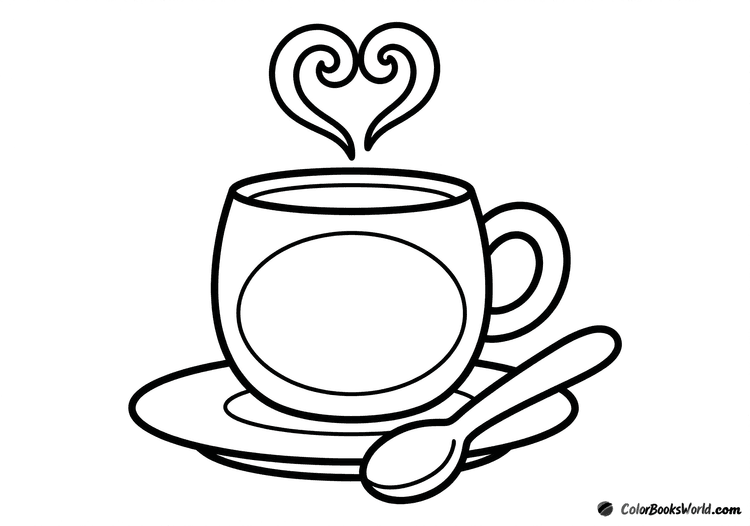 A large mug with heart-shaped steam above it and a spoon resting on the saucer.