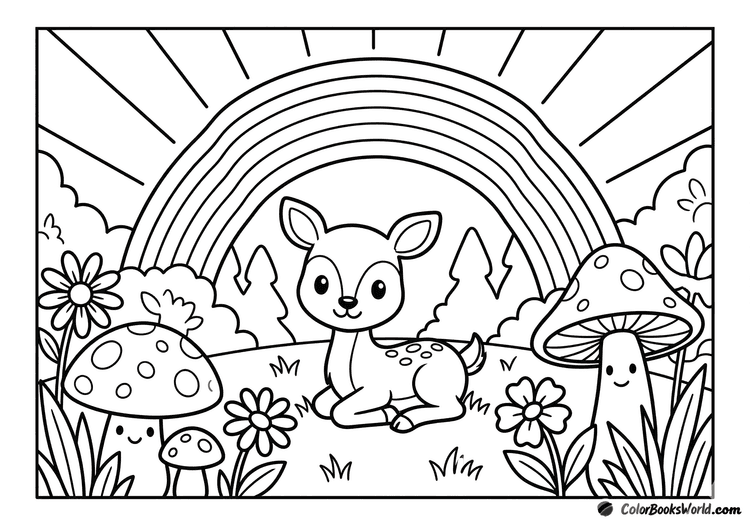 A cute fawn sits on grass in a forest clearing with mushrooms, wildflowers, and a rainbow.