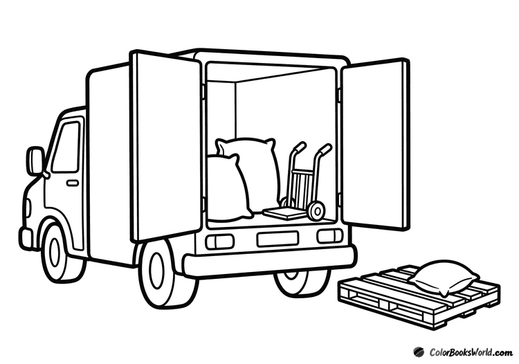 Cartoon feed truck with open back, sacks inside, a hand truck, a pallet, and an extra sack.