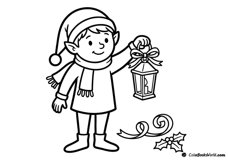 Cute cartoon elf holding a small bell with a ribbon, with a holly leaf nearby.