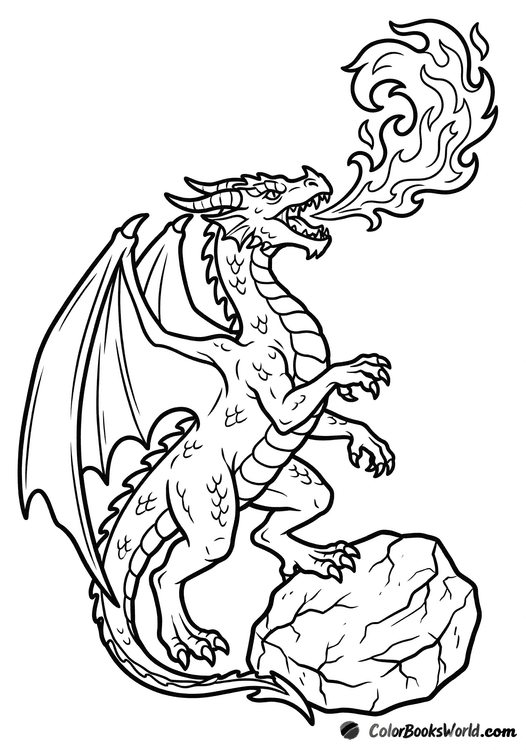 A powerful fire dragon rears up beside a stylized flame and a scorched stone.