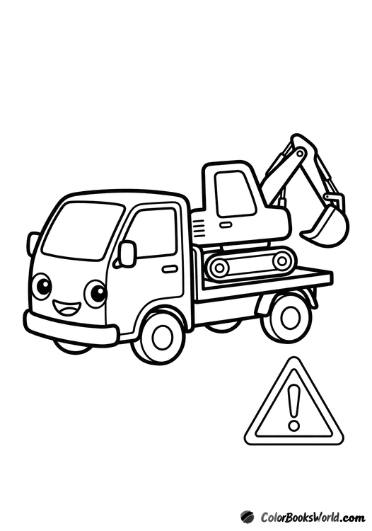 Cartoon flatbed truck carrying a small excavator, with a triangular warning sign beside it.
