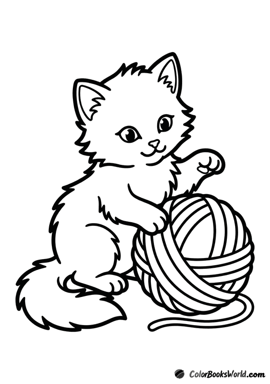 A fluffy kitten sits and plays with a large ball of yarn.