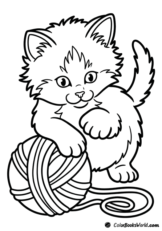 A fluffy kitten sits and reaches a paw toward a large ball of yarn.