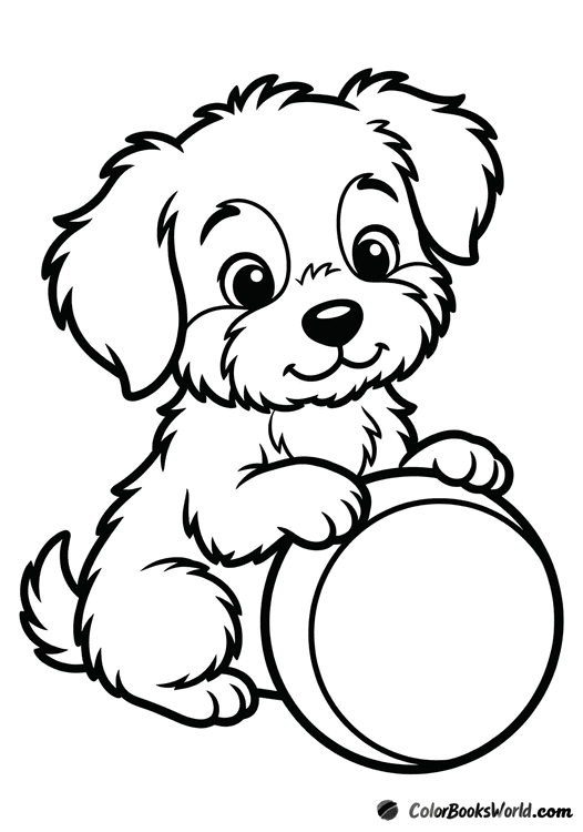 A fluffy puppy sits with one paw resting on a large ball.