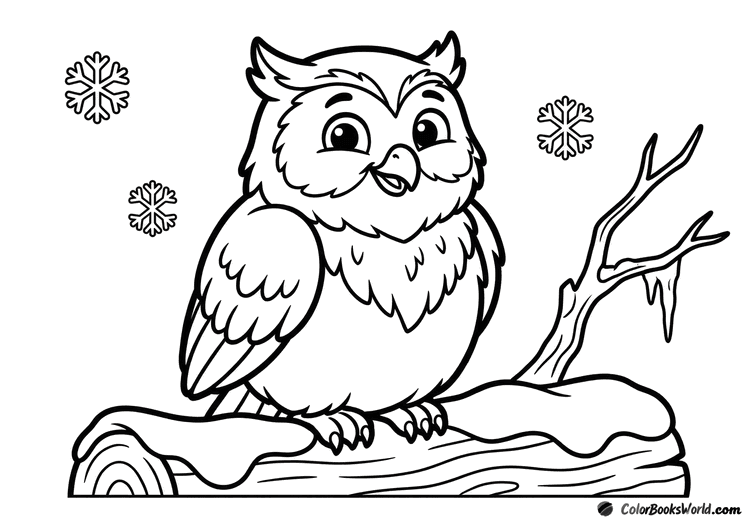 A fluffy cartoon owl sits on a snow-covered log as snowflakes fall, with an icicle on a bare twig.