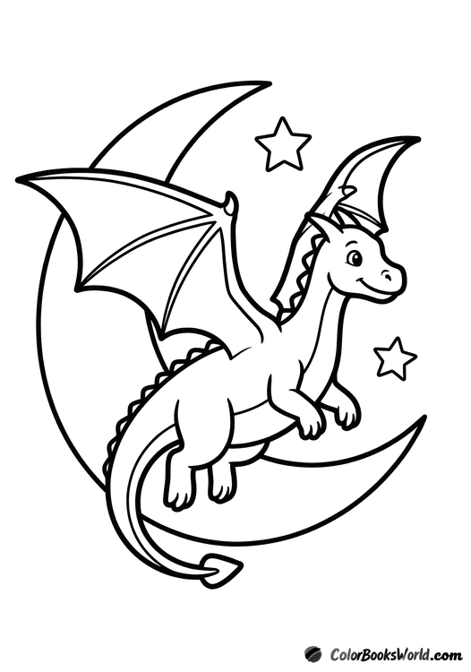 A friendly dragon flying in the night sky beside a crescent moon and stars.