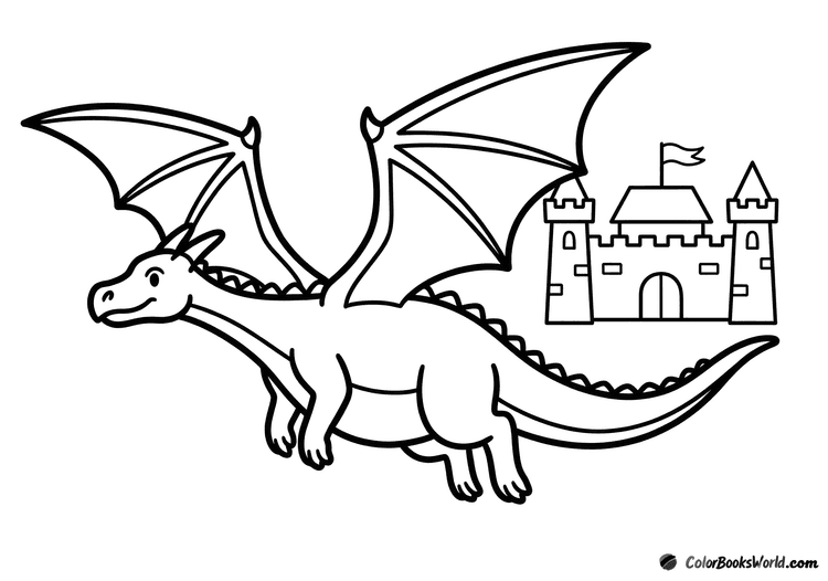 A large dragon flies in the foreground, with a small castle and pennant in the background.