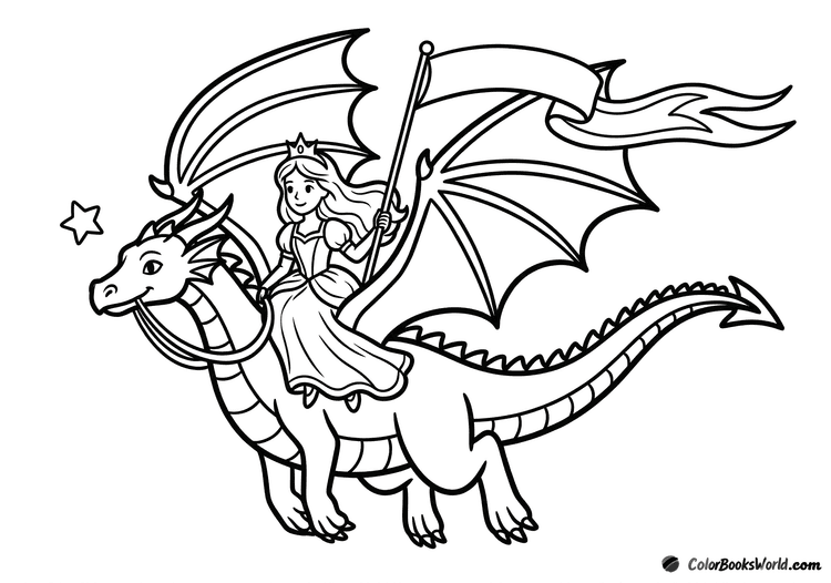 A flying dragon in profile with a princess on its back, a flowing banner, and a small star.